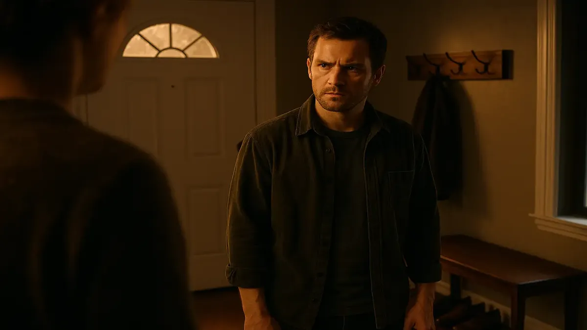 A cinematic view of a stylish home interior, showcasing a confused guest navigating quirky house rules.