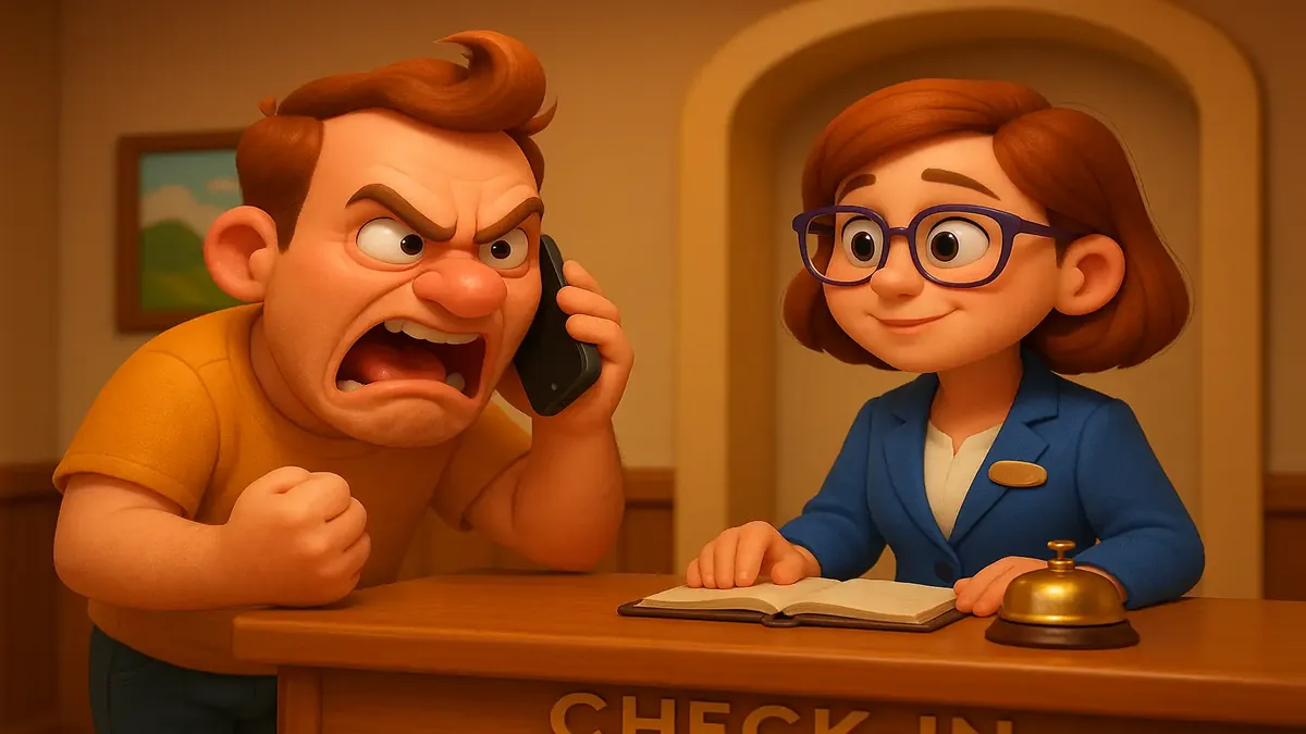 Cartoon-3D illustration of a frustrated guest at hotel check-in, asking for a refund on a non-refundable reservation.