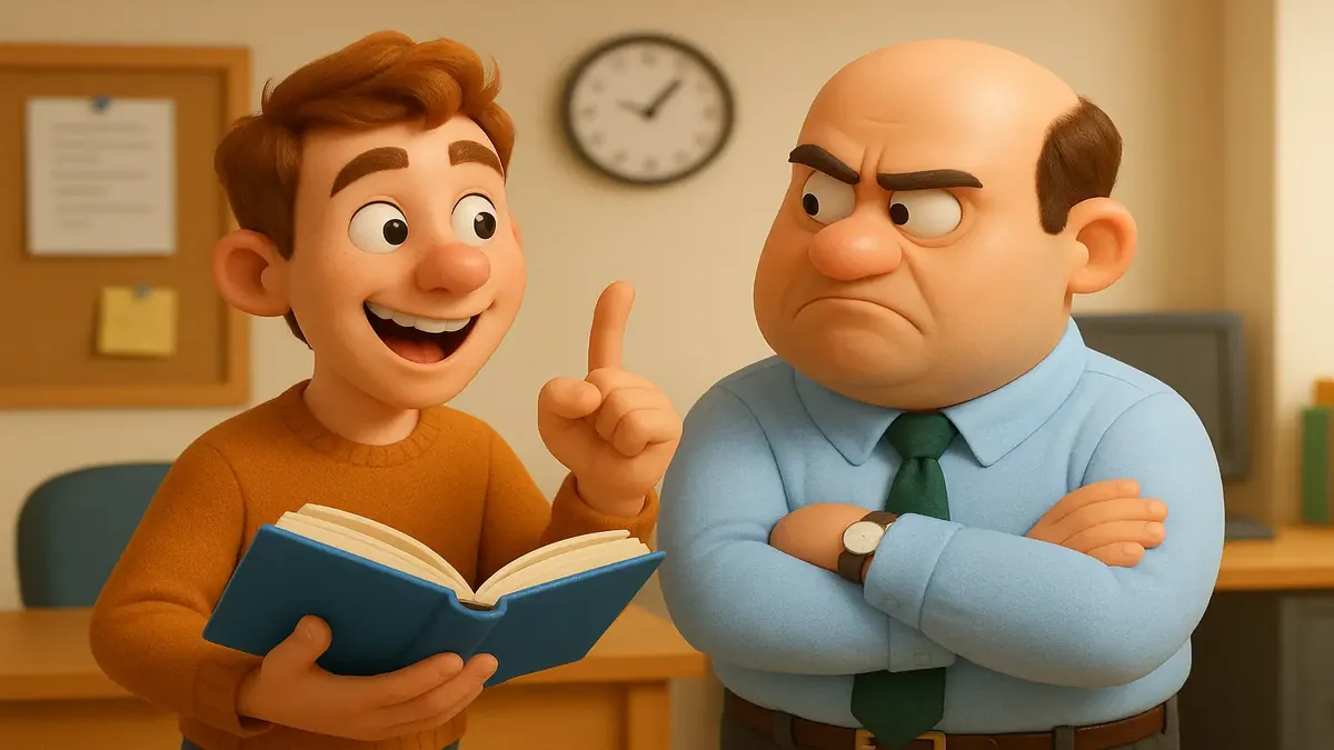 Cartoon 3D illustration of a bilingual employee celebrating a language learning achievement.