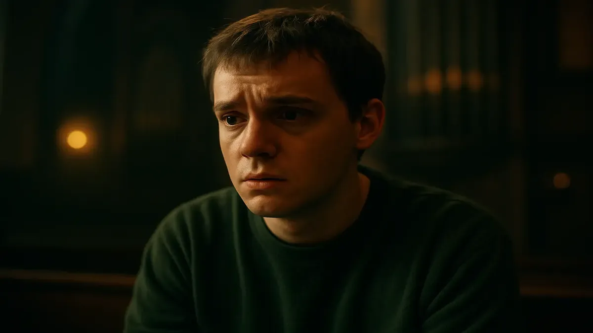 Kevin, a young man with autism, joyfully plays a pipe organ surrounded by whimsical superglue-themed decor.