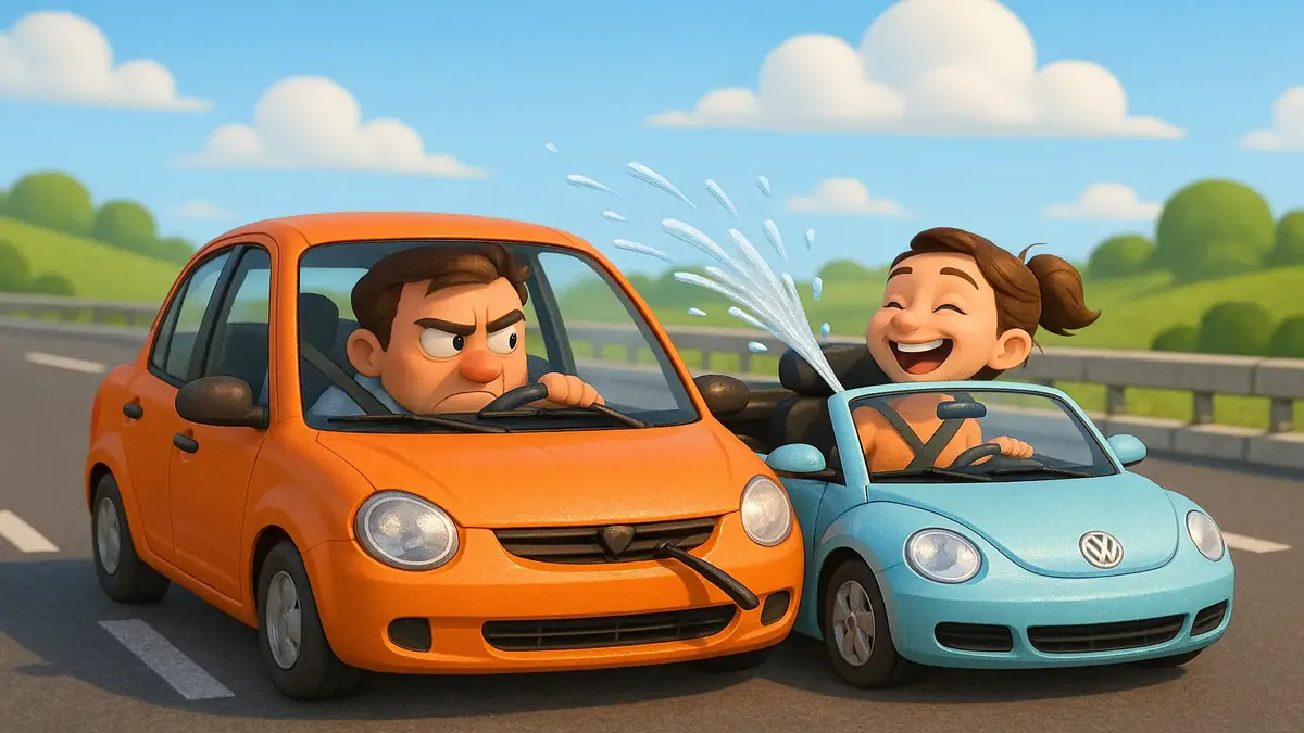 Cartoon 3D illustration of a VW Beetle cutting off a car on a highway, depicting a humorous driving incident.