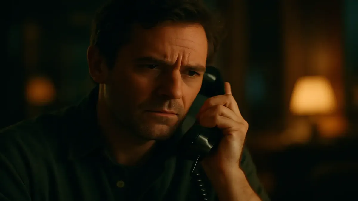 A dramatic phone call scene depicting a person hesitating to confirm a reservation due to scam concerns.