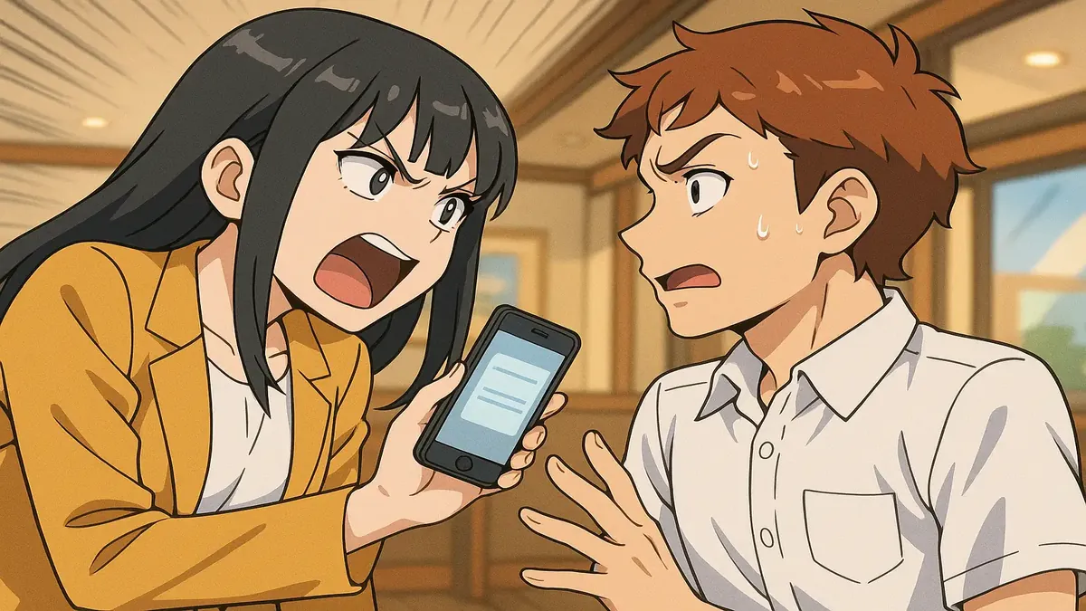 Anime illustration of a woman showing a reservation on her phone, confused in a restaurant setting.