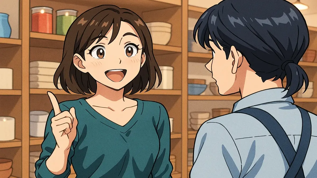 Woman in anime style shares her joy about a candle's lasting fragrance at a home goods store.