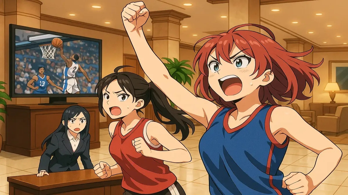 Anime illustration of a hotel lobby filled with sports families watching a game on TV, showcasing lively interactions.