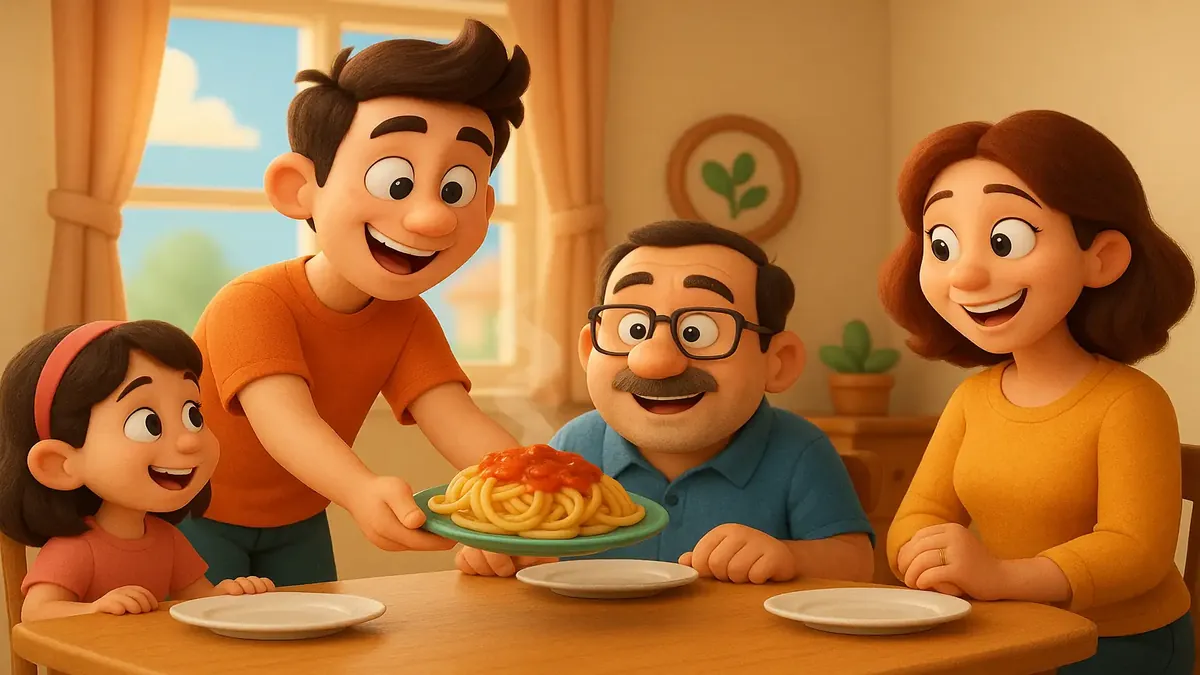 Cartoon 3D family gathering at a dining table, enjoying a festive meal together after a long drive.