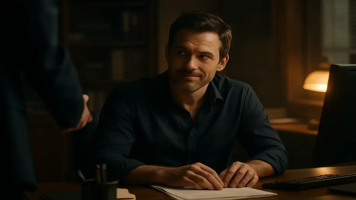 Team member contemplating workload in cinematic office setting, reflecting on leadership decisions.