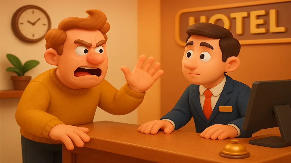 Cartoon 3D image of a hotel reception with a frustrated guest discussing room issues with a staff member.