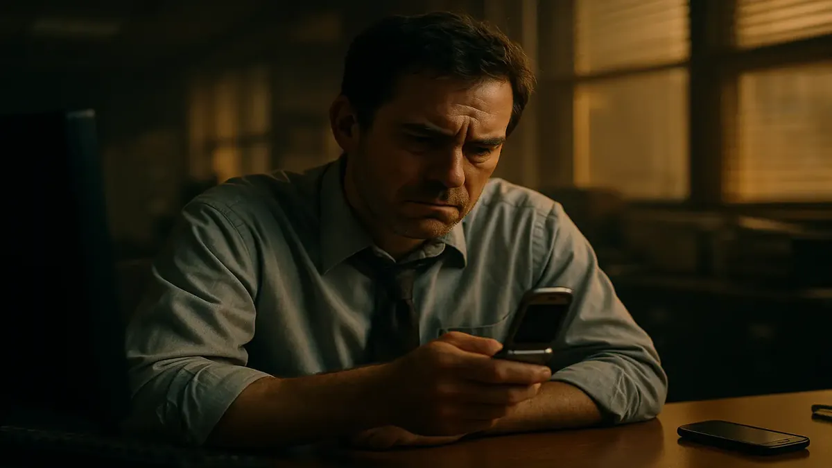 IT professional reviewing smartphone upgrade policies with a cinematic backdrop of technology.