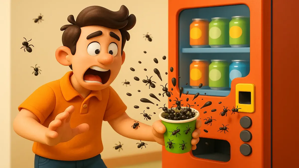 Cartoon-3D image of a vending machine overflowing with ants instead of tea, creating a humorous scene.