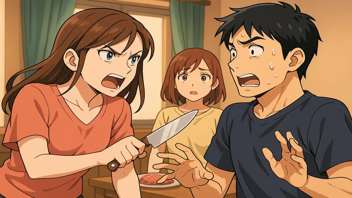 Anime illustration of a woman blunting knives after discovering her partner's infidelity, showcasing emotional turmoil.