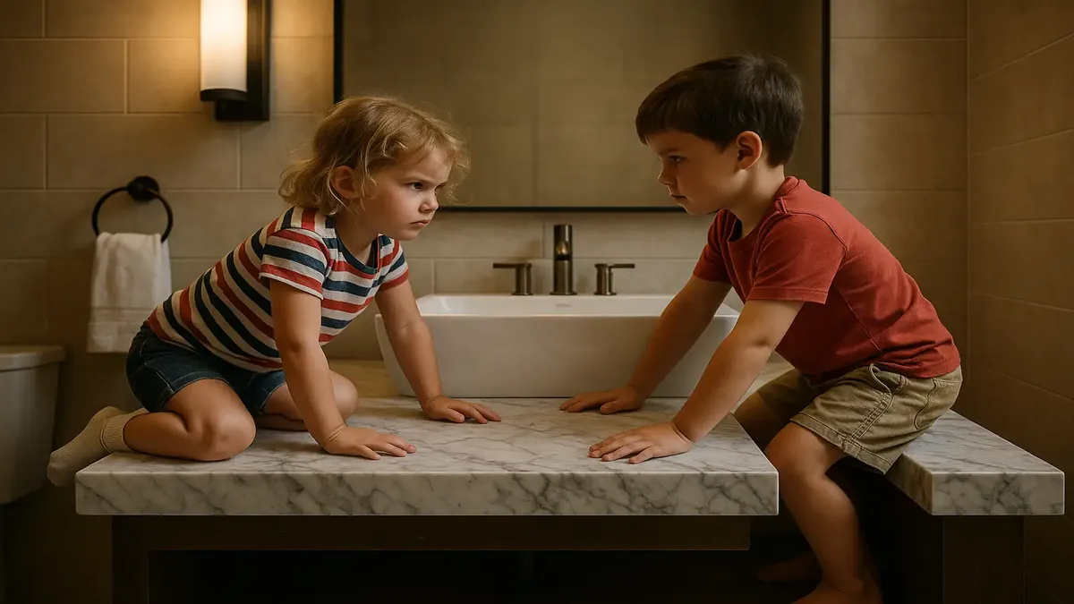 Two kids playing near a marble slab countertop in a busy hotel washroom during the Fourth of July season.