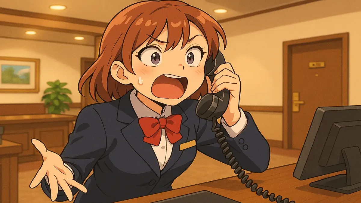 Anime-style illustration of a hotel switchboard scene with a confused operator and a ringing phone.