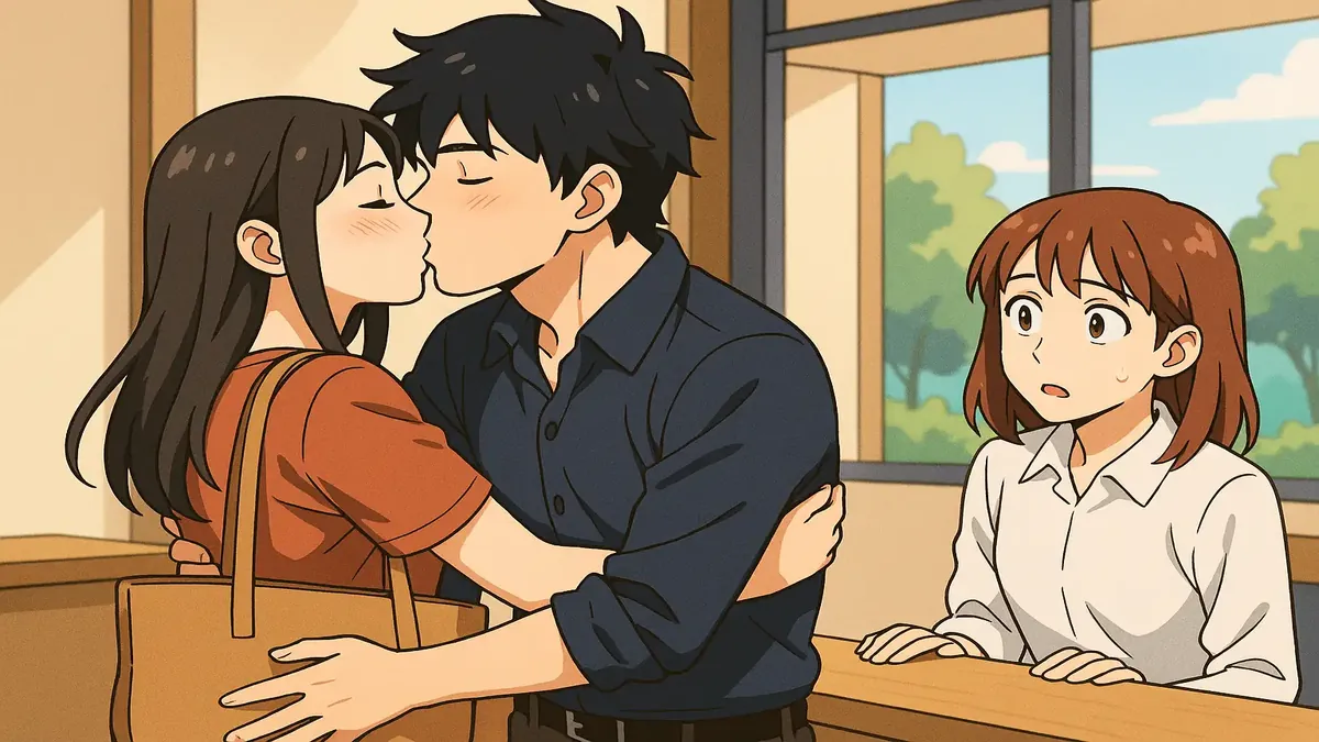 Anime illustration of an awkward moment during a public display of affection in a cafe setting.