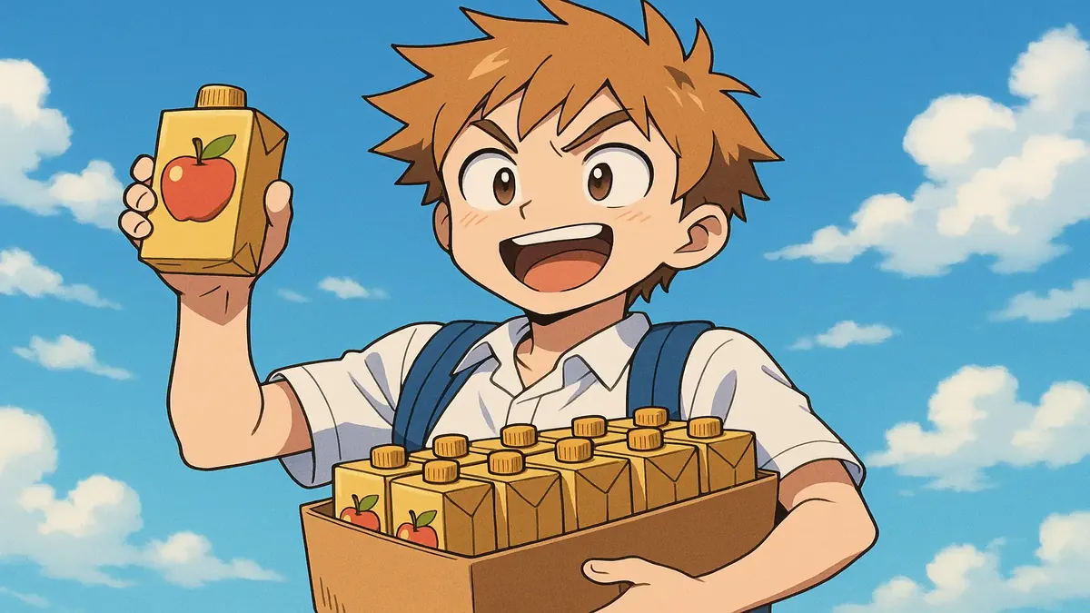 Anime-style illustration of a boy sneaking apple juice in bulk, defying his mother's drink rules.