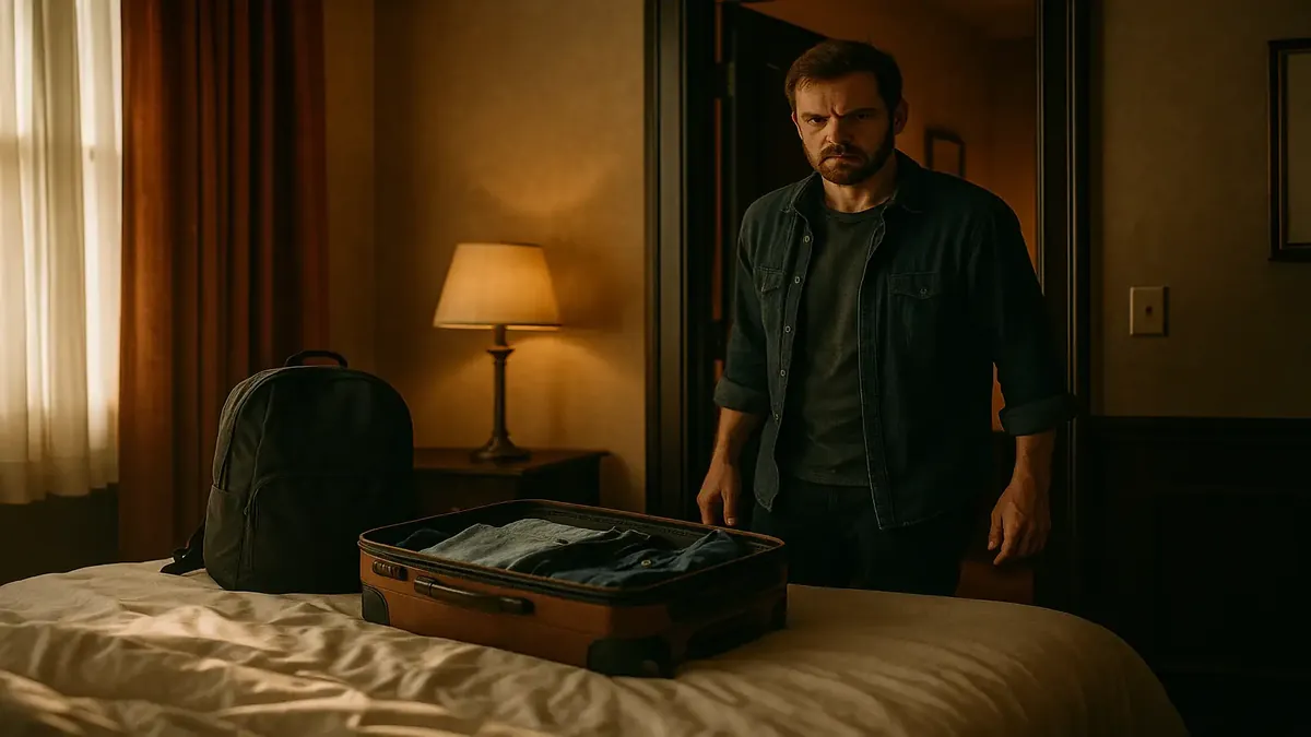 Frustrated host waiting for guests to check out, surrounded by forgotten belongings and a cinematic atmosphere.