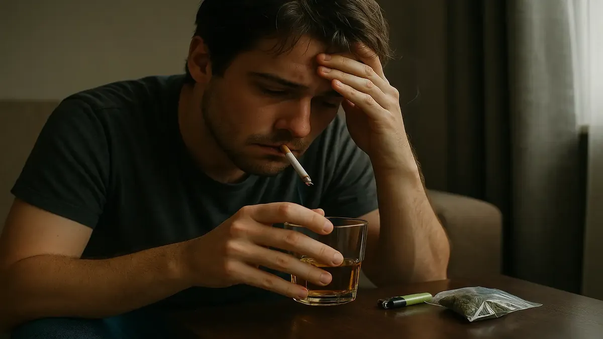 A person reflecting on job loss, surrounded by alcohol, weed, and nicotine products in a fast food setting.