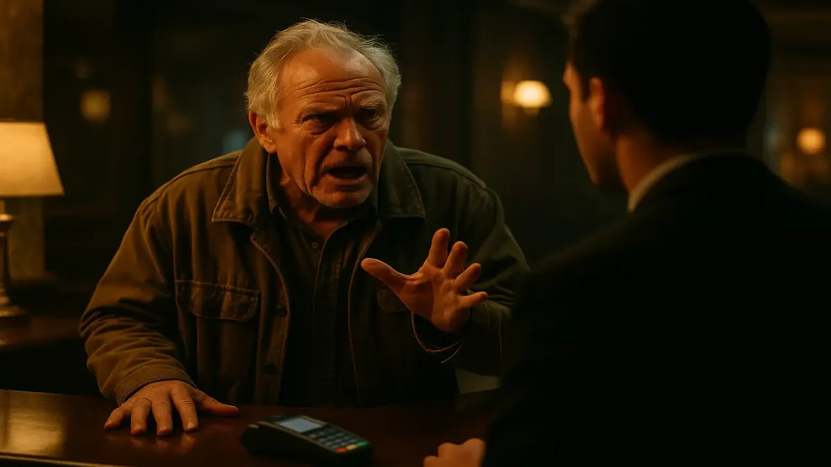 Older man at a hotel reception, frustrated over credit card policy, cinematic scene.