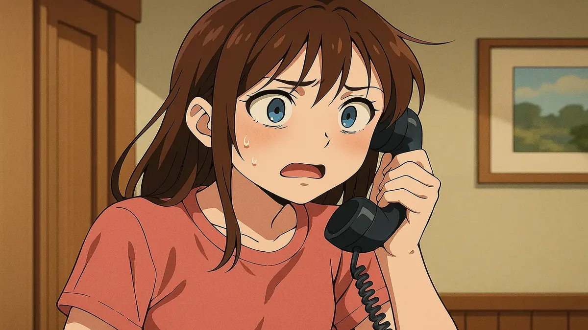 Creepy anime illustration of a phone call conversation, capturing suspense and mystery in a hotel setting.