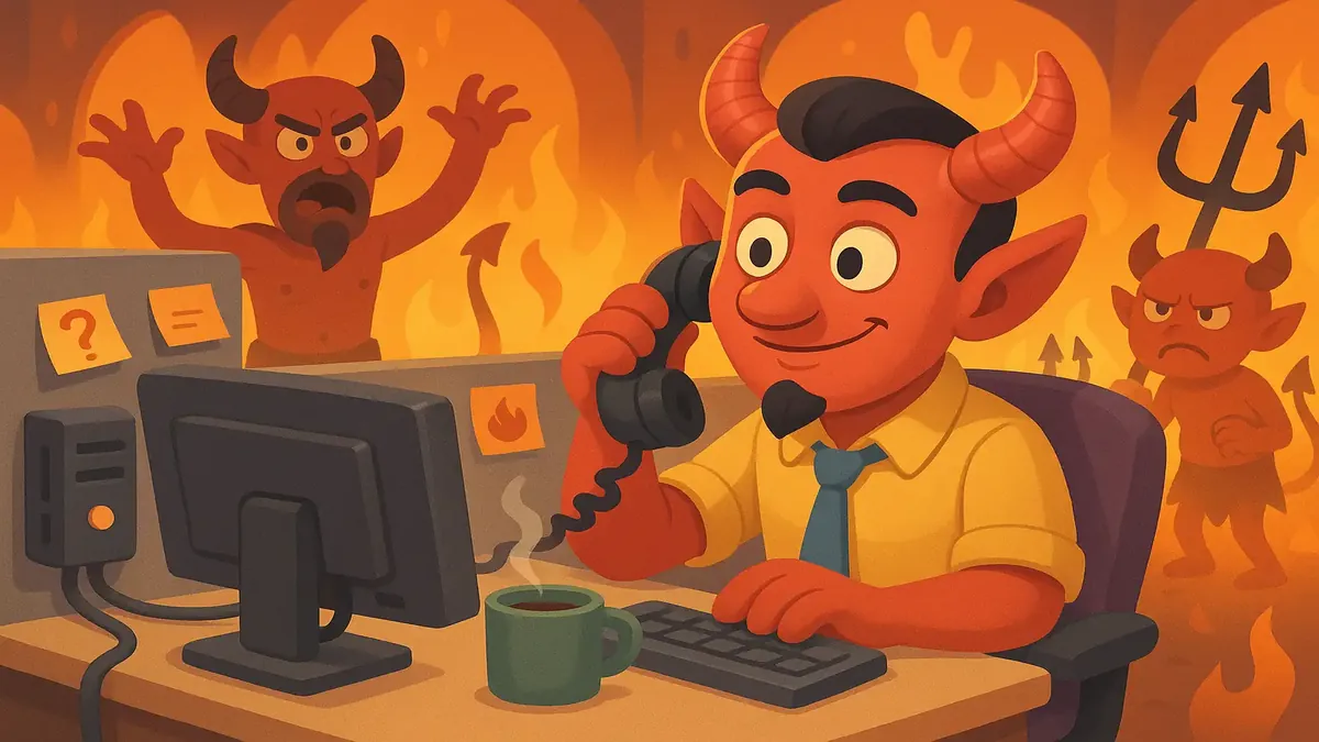 Cartoon-3D illustration depicting IT support characters navigating challenges in a hellish environment.
