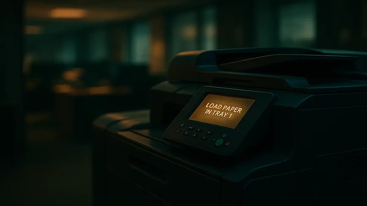 User facing a large printer displaying 