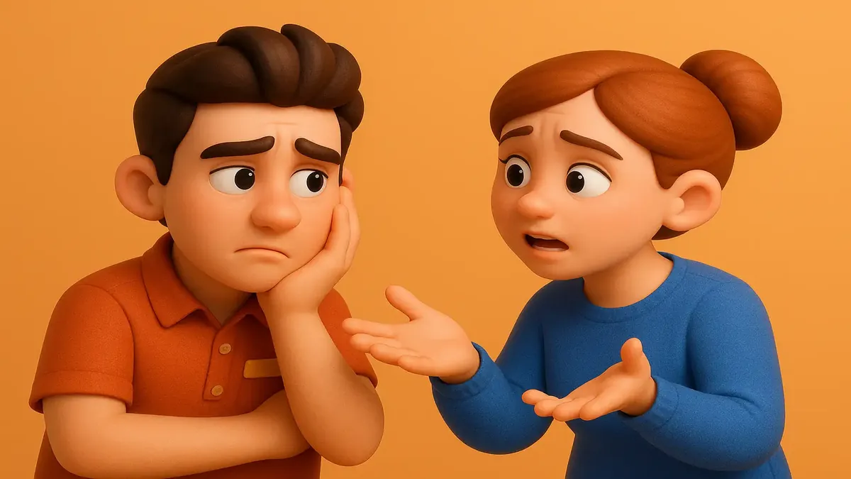 Cartoon 3D illustration of a hotel worker overwhelmed by chaotic situations and uncertainty.