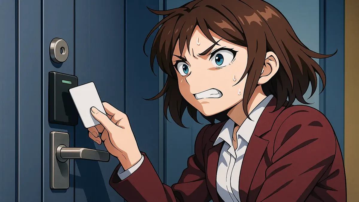 Anime-style illustration depicting a locked door with a malfunctioning key card reader, symbolizing frustration and mystery.