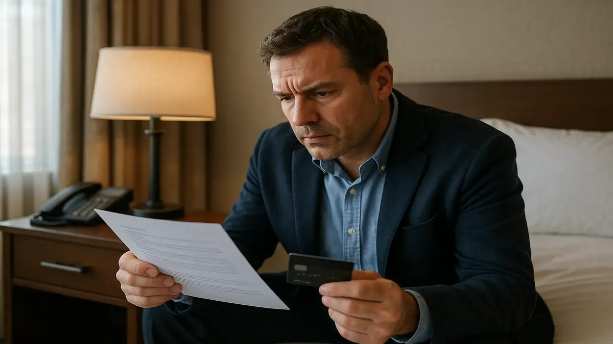Guests reviewing credit card authorization forms at a hotel reception desk for incidentals.