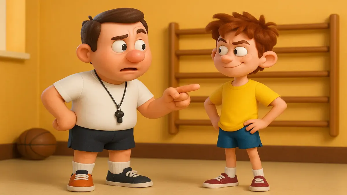 Cartoon illustration of a teenager in PE gear, defying school uniform policy during a sports lesson.