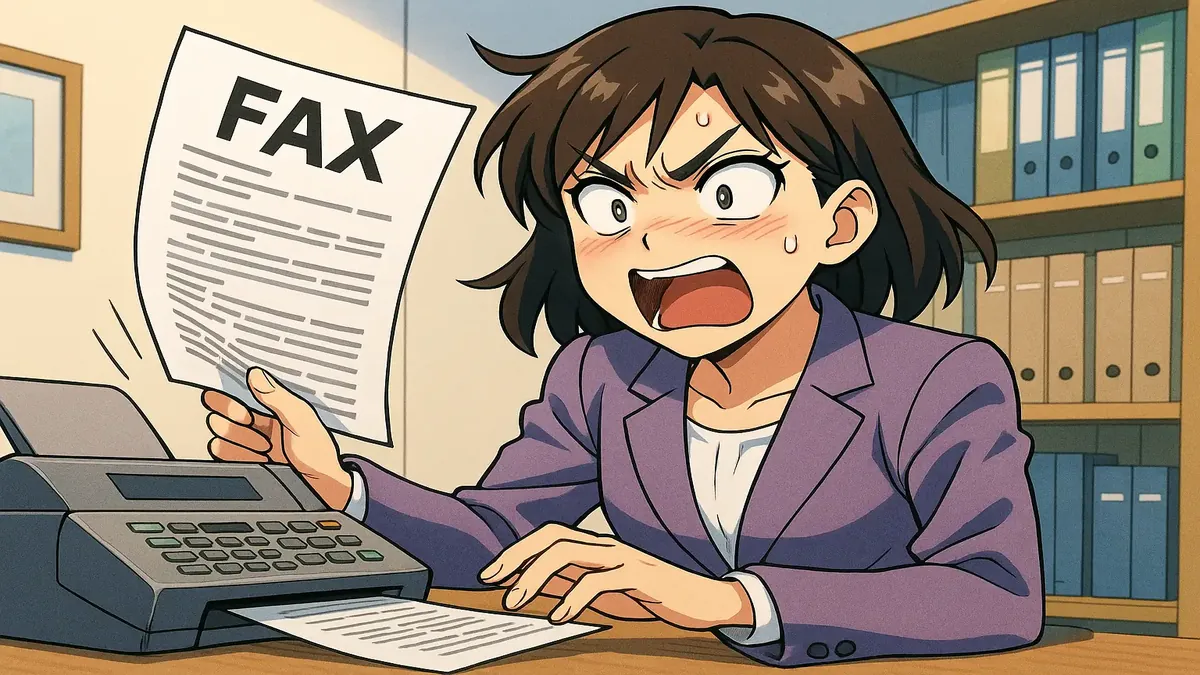 Anime-style illustration of a lawyer sending a fax for medical records request in an office setting.