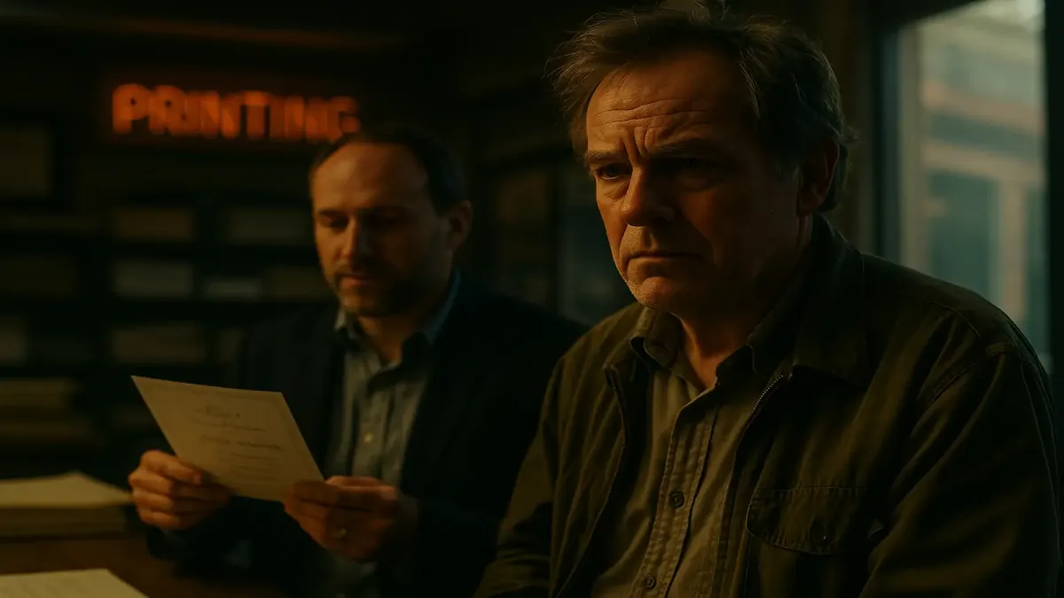 A cinematic scene of a father and friend at a print shop ordering wedding invitations.