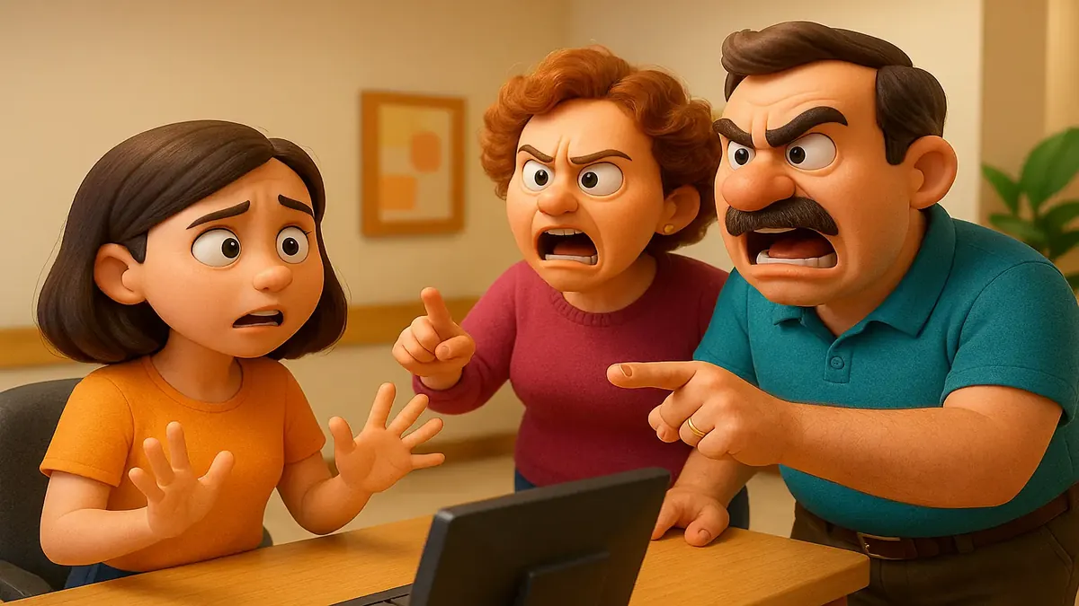 Cartoon-3D illustration of a frustrated couple arguing over privacy and information access in a hospital setting.