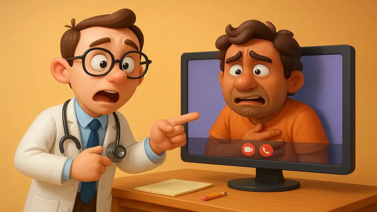 Cartoon 3D illustration of a doctor diagnosing a patient remotely, highlighting a medical breakthrough.