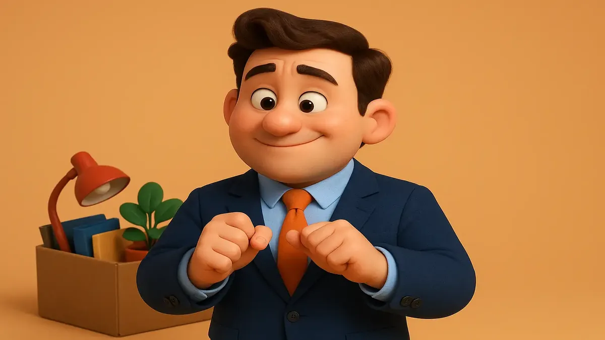 Cartoon 3D illustration of a person leaving an office, symbolizing career transition and new beginnings.