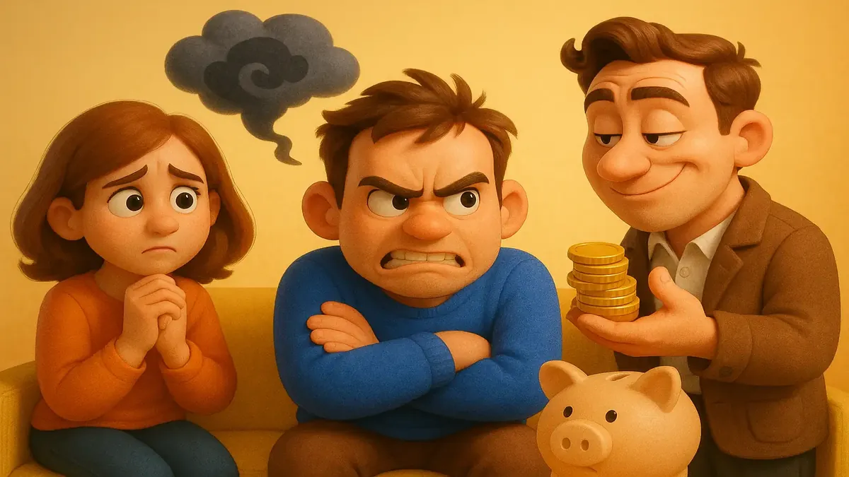 Cartoon-3D illustration of a family facing emotional turmoil after financial loss due to manipulation.
