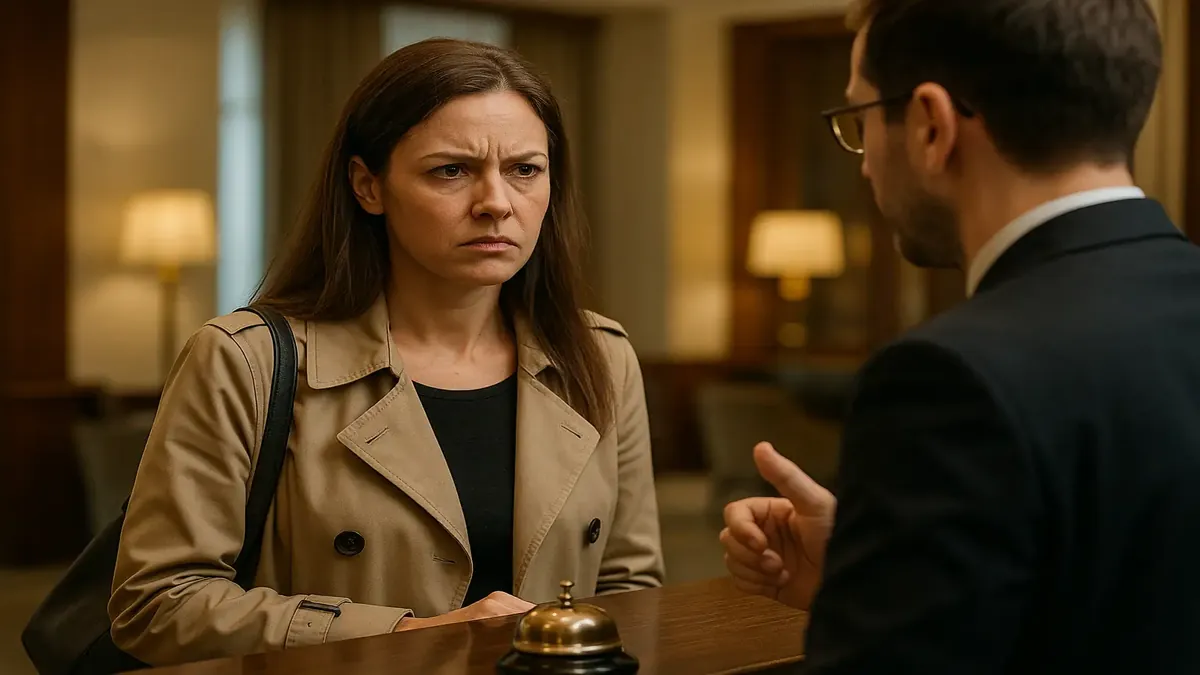 Frustrated customer with luggage, expressing disappointment over denied late checkout in a photorealistic setting.