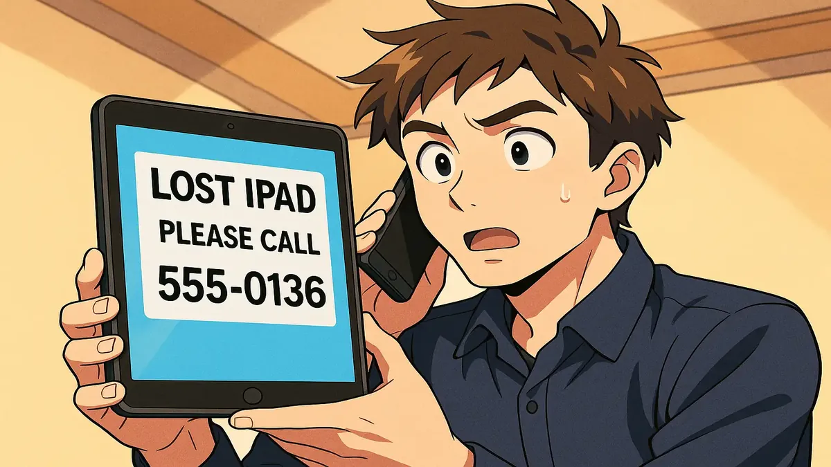 Illustration of a lost company iPad with a message display, emphasizing field contractors in an anime style.