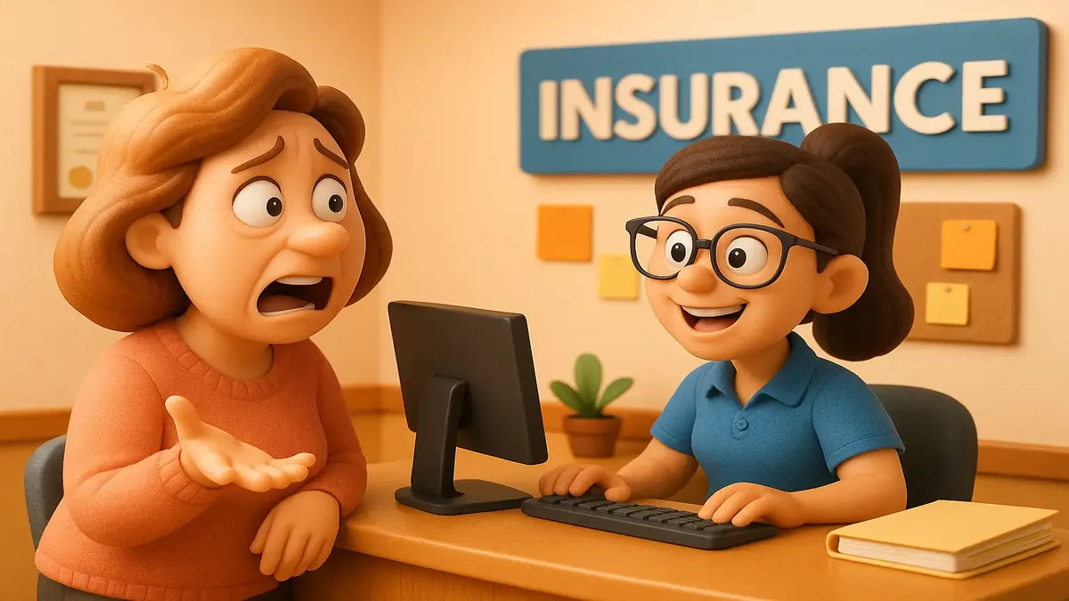 Cartoon-3D illustration of a busy insurance front desk with a smiling receptionist and clients sharing stories.