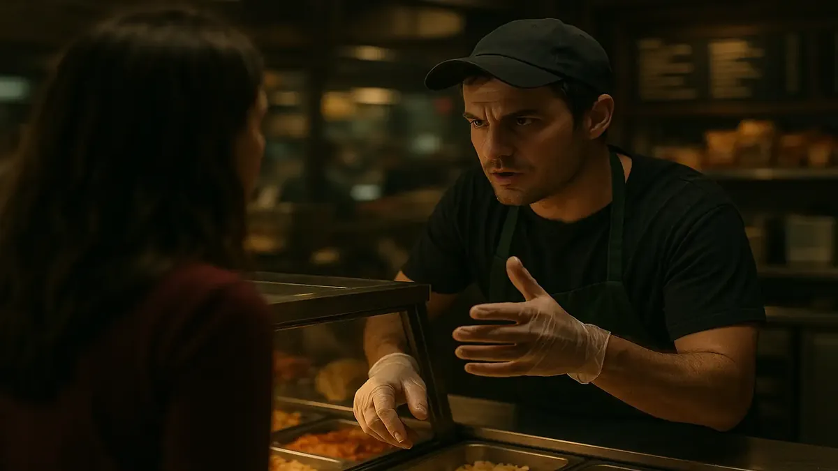 Deli worker in gloves preparing fresh food for customers during busy lunch hour in a cinematic setting.