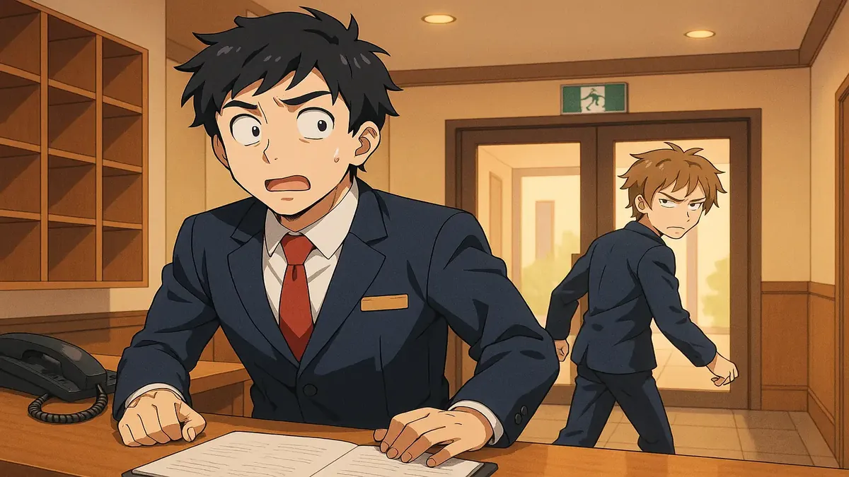 Anime-style illustration of a nervous hotel night auditor on their first night shift, with a chaotic hotel backdrop.