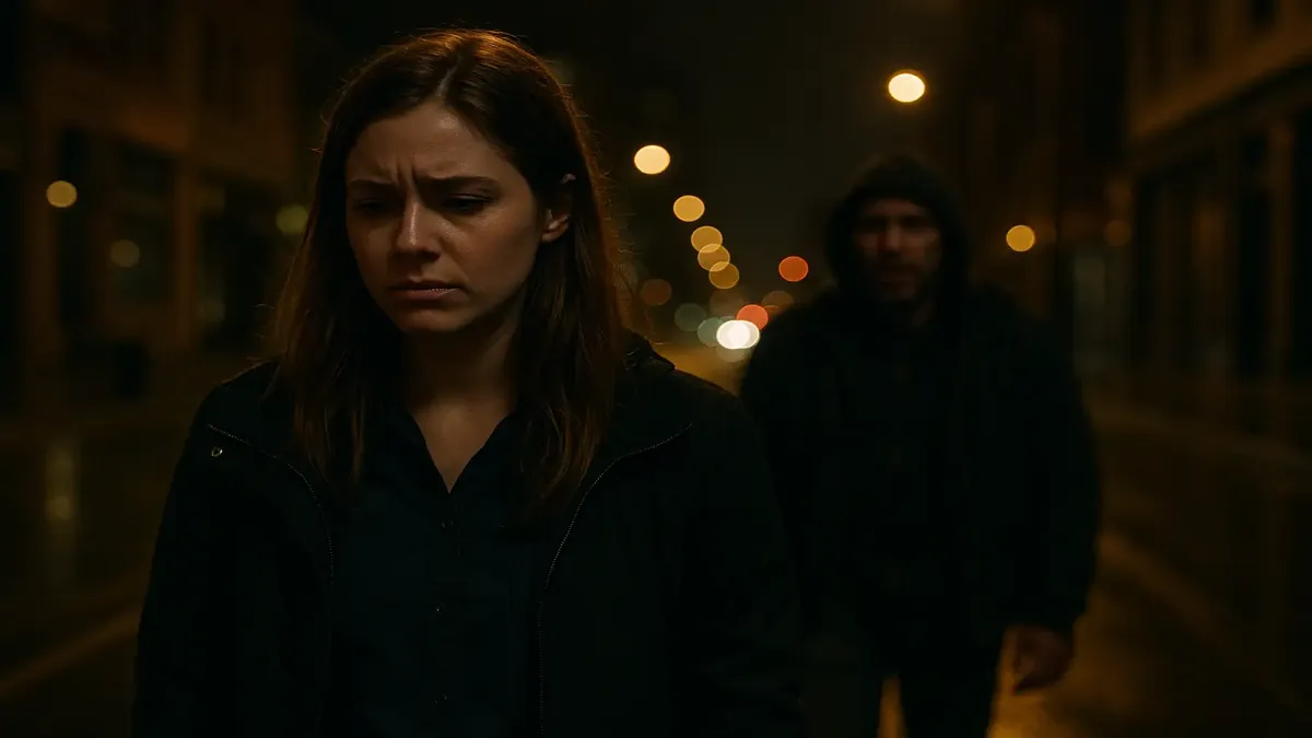 Nighttime scene of a downtown property with visible security challenges and homeless activity.