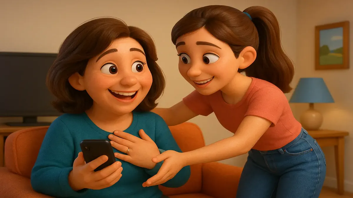 Cartoon 3D illustration of a mom receiving a text from her daughter during a bachelorette party crisis.