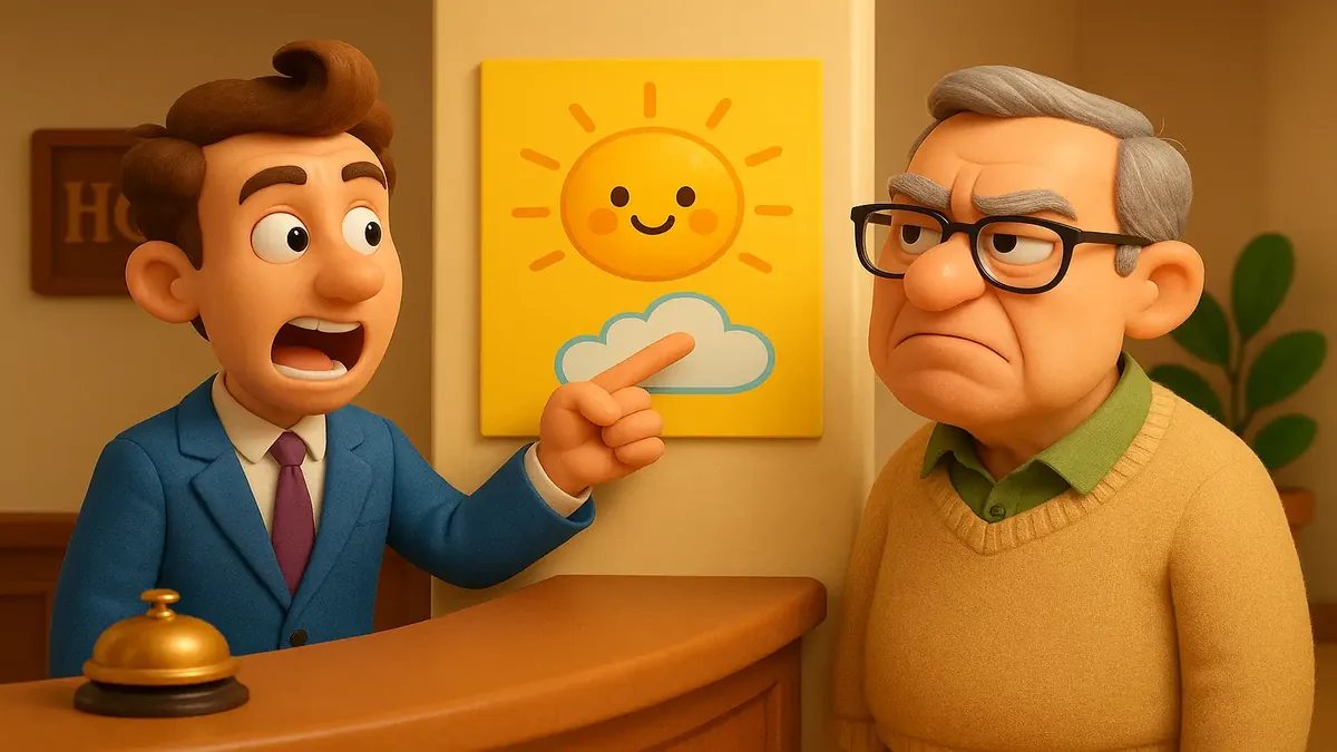 Cartoon 3D image illustrating a hotel receptionist explaining third-party reservations clearly to a confused guest.