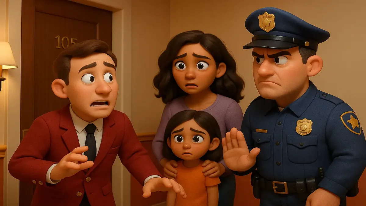 Cartoon-3D illustration of a hotel scene with a concerned manager and a guest breaking rules with visitors.