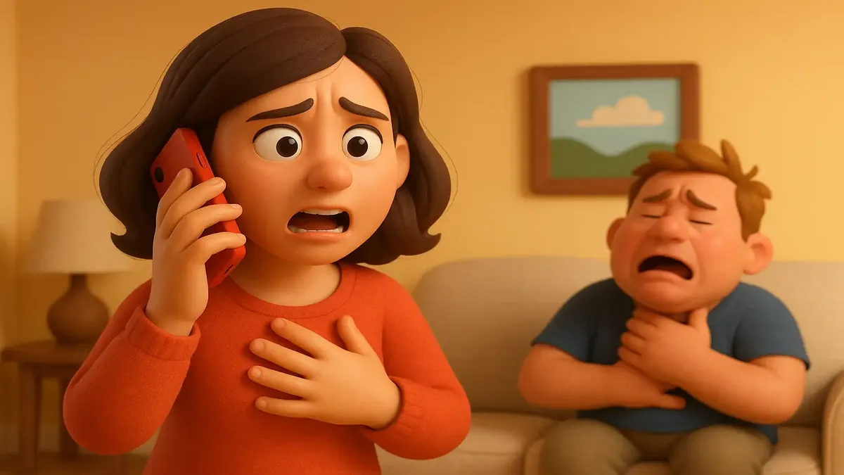 Cartoon 3D illustration of a stressed host calling 911 during an emergency situation.