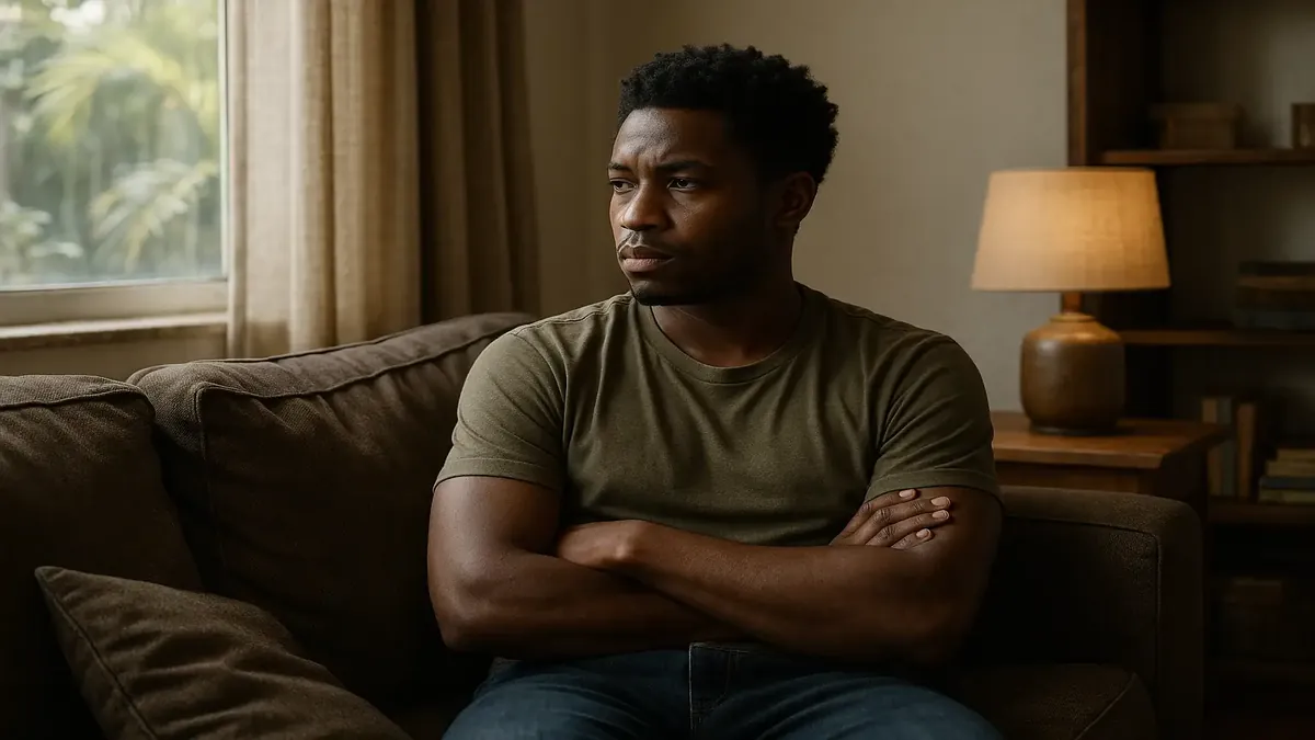 Caribbean neighborhood scene depicting a home with family dynamics and neighborly tensions.