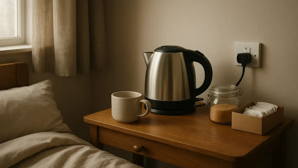 Kettle station in a cozy bedroom, showcasing a toasty maker and cups in a playful act of compliance.
