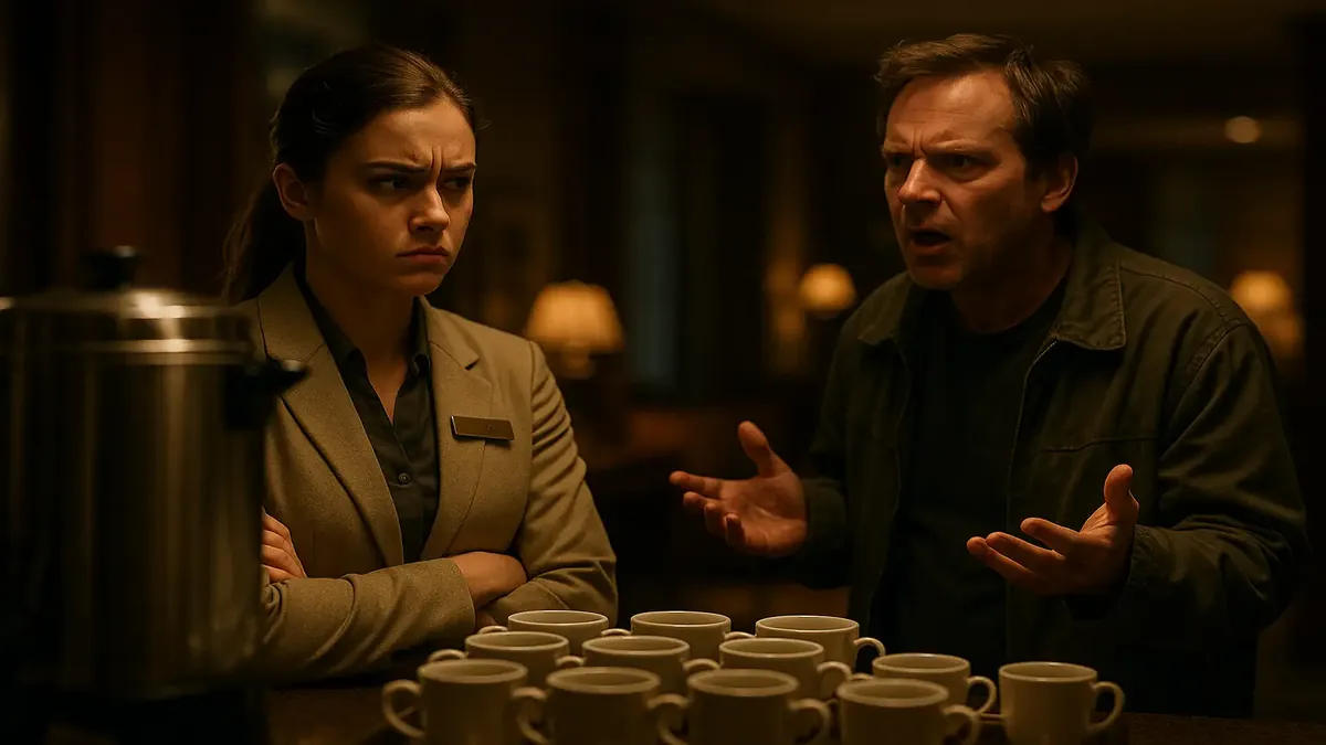 Hotel employee observing coffee-dependent guests in a cinematic hotel lobby scene.