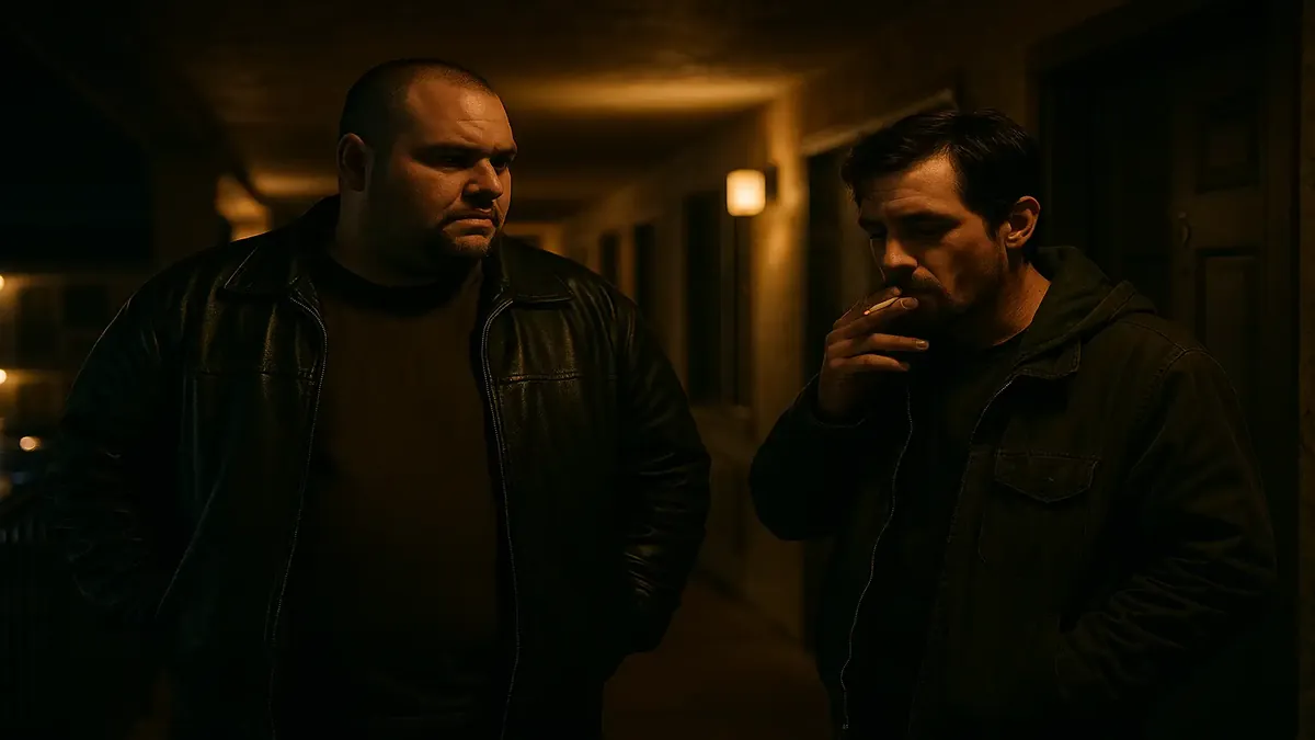 Night Manager at a hotel, capturing a gritty cinematic moment with colorful characters and a highway backdrop.