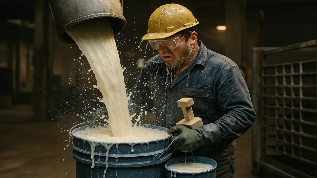Workers dipping cores in a foundry tank, showcasing the process of mold preparation and drying.